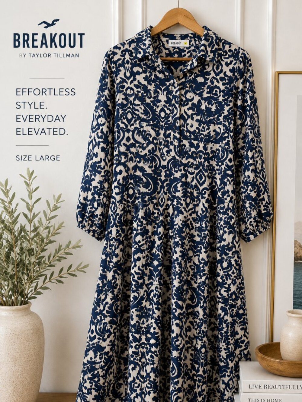Breakout Blue & White Damask Print Midi Shirt Dress Size Large